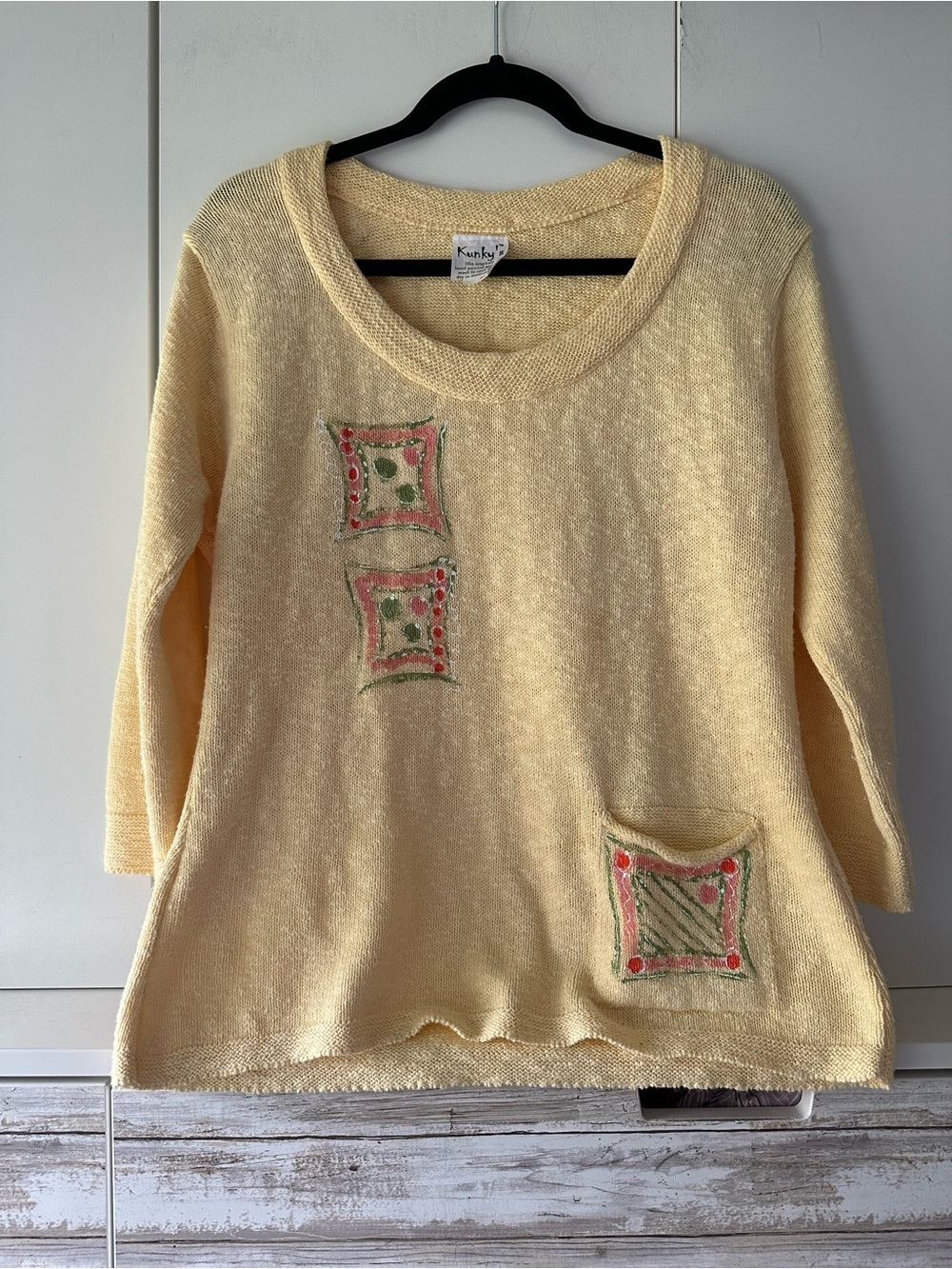 🌼 Kunky’s Hand Painted Yellow Cotton Knit Tunic Sweater M/L Made in USA